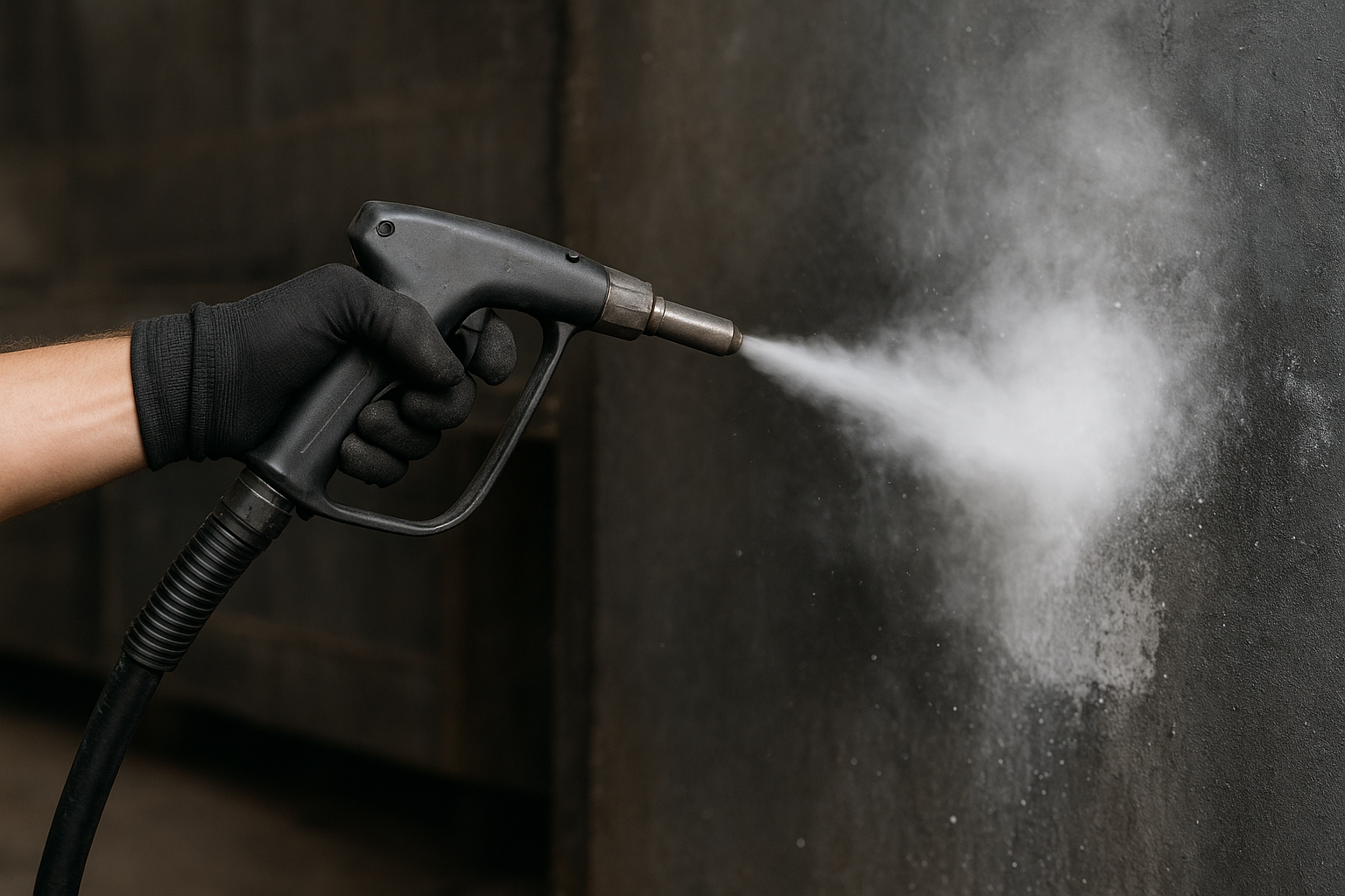 the dry ice blasting machine is working and the particle spray is clearly visible