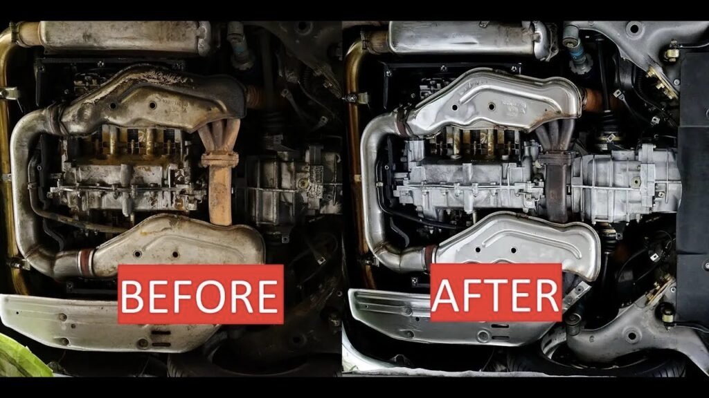 Side-by-side comparison of a machine part before and after dry ice cleaning